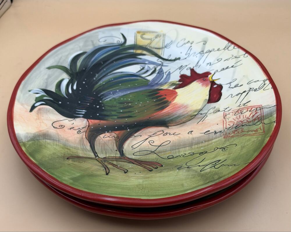 Certified International Susan Winget Le Rooster Dinner Plates Set of 2 Red Rim